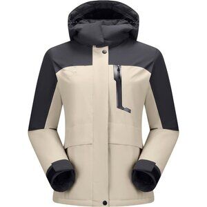 Women's A-Beige Hooded Snow Ski Jacket Coat Fabric Soft Fleece Waterproof Stain